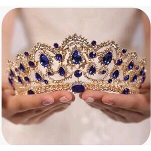 JWICOS Queen Crystal Tiara Crown, Gold With Blue And White Stones, Metal Frame